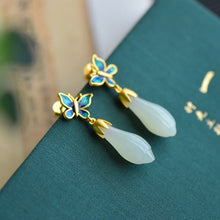 Load image into Gallery viewer, Designer&#39;s Unique Creative Enamel Porcelain Fine Jade Magnolia Butterfly Earrings Elegant Charm Ladies Silver Jewelry
