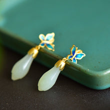 Load image into Gallery viewer, Designer&#39;s Unique Creative Enamel Porcelain Fine Jade Magnolia Butterfly Earrings Elegant Charm Ladies Silver Jewelry
