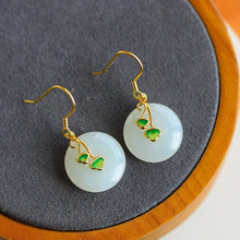 Load image into Gallery viewer, Designer&#39;s Unique Creative Inlaid Apricot Leaf Natural Fine Jade Earrings Vintage Style Classical Ladies Silver Jewelry
