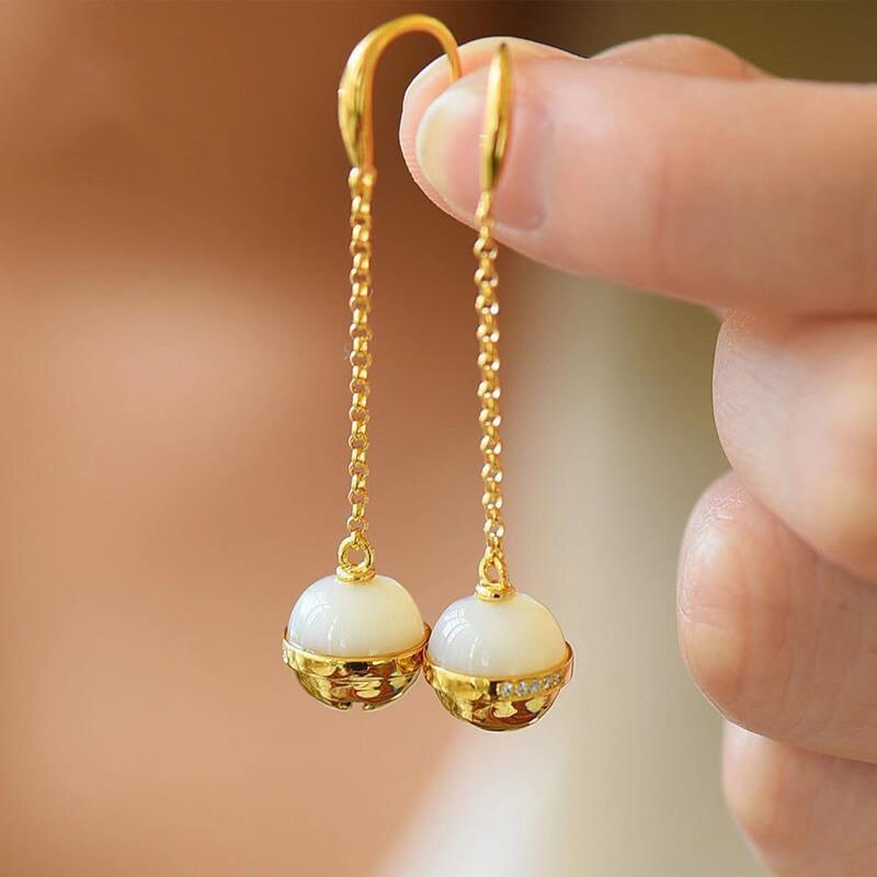 Designer's Unique Silver Inlaid Natural Fine White Jade Bell Earrings Exquisite Retro Ladies Jewelry