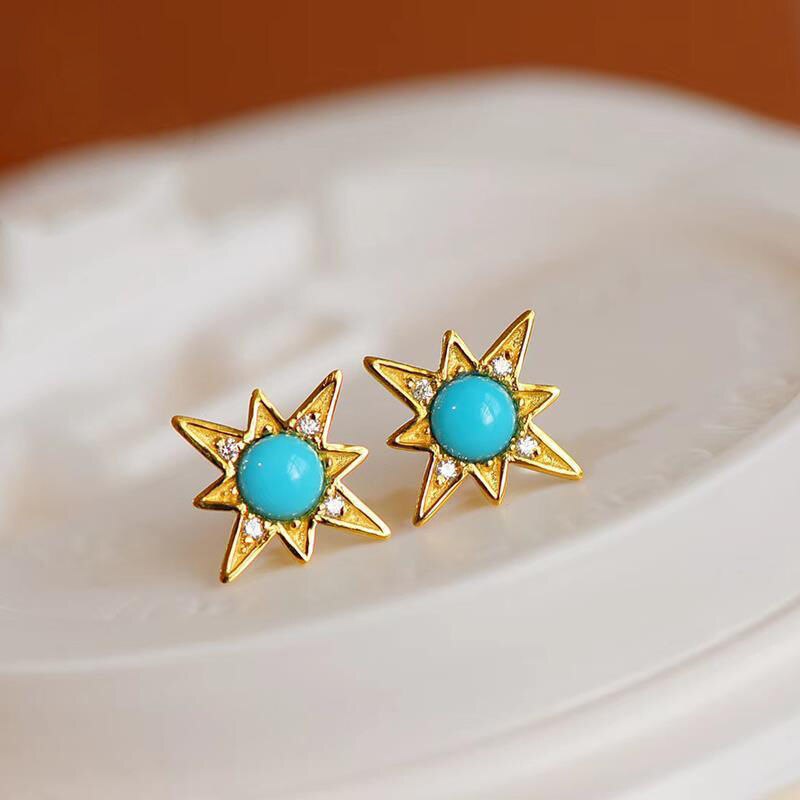 Designer's Unique Creative Six-pointed Star Inlaid Turquoise Earrings Exquisite Ladies Jewelry