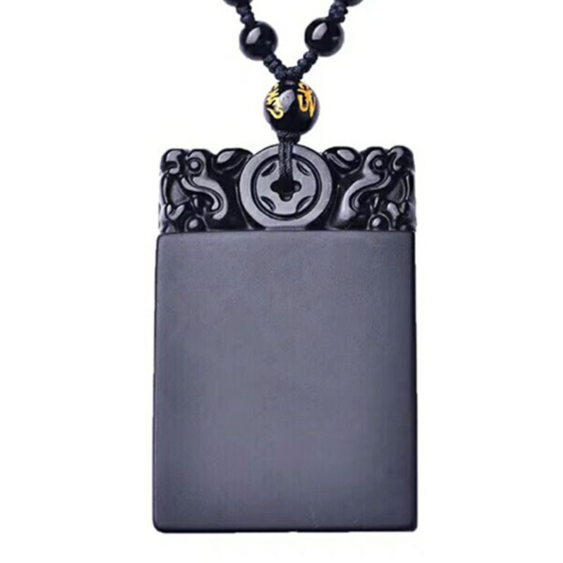 Handcrafted Black Obsidian Square Lucky Amulet Pendant Necklace