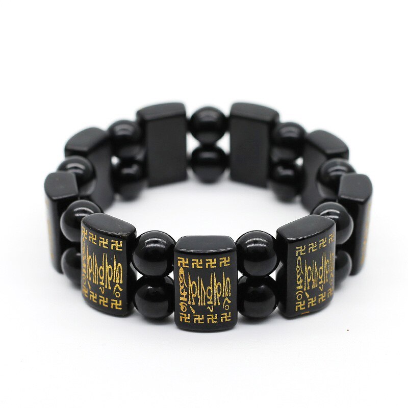 Natural Black Obsidian Square Beaded Tibetan Mantra Bracelet