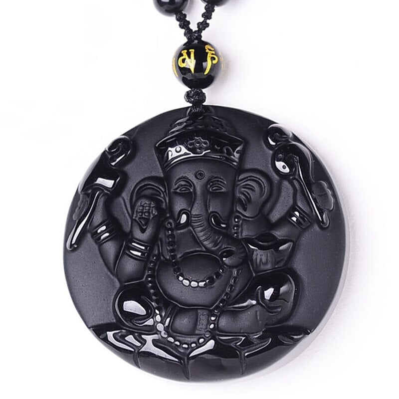 Handcrafted Natural Black Obsidian Ganesha Pendant Necklace