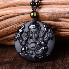 Load image into Gallery viewer, Handcrafted Natural Black Obsidian Ganesha Pendant Necklace
