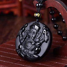 Load image into Gallery viewer, Handcrafted Natural Black Obsidian Ganesha Pendant Necklace
