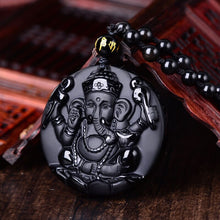 Load image into Gallery viewer, Handcrafted Natural Black Obsidian Ganesha Pendant Necklace
