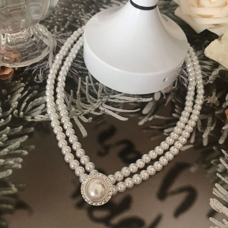 Handmade Double Strand Pearl Beaded Pendant Choker Necklace