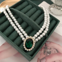 Load image into Gallery viewer, Handmade Renaissance Double Strand Pearl Beaded Green Crystal Pendant Choker Necklace
