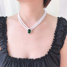 Load image into Gallery viewer, Handmade Renaissance Double Strand Pearl Beaded Green Crystal Pendant Choker Necklace
