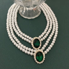 Load image into Gallery viewer, Handmade Renaissance Double Strand Pearl Beaded Green Crystal Pendant Choker Necklace
