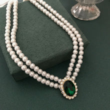 Load image into Gallery viewer, Handmade Renaissance Double Strand Pearl Beaded Green Crystal Pendant Choker Necklace
