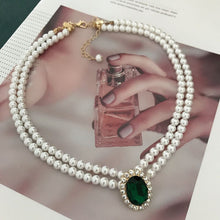 Load image into Gallery viewer, Handmade Renaissance Double Strand Pearl Beaded Green Crystal Pendant Choker Necklace
