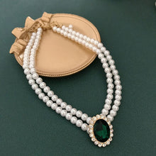 Load image into Gallery viewer, Handmade Renaissance Double Strand Pearl Beaded Green Crystal Pendant Choker Necklace
