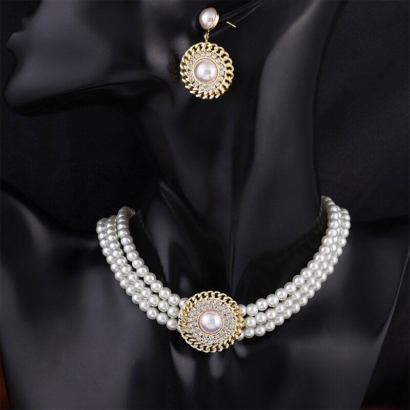 2Pcs/Set Multi Layer Pearl Beaded Choker Pendant Necklace & Earrings Set