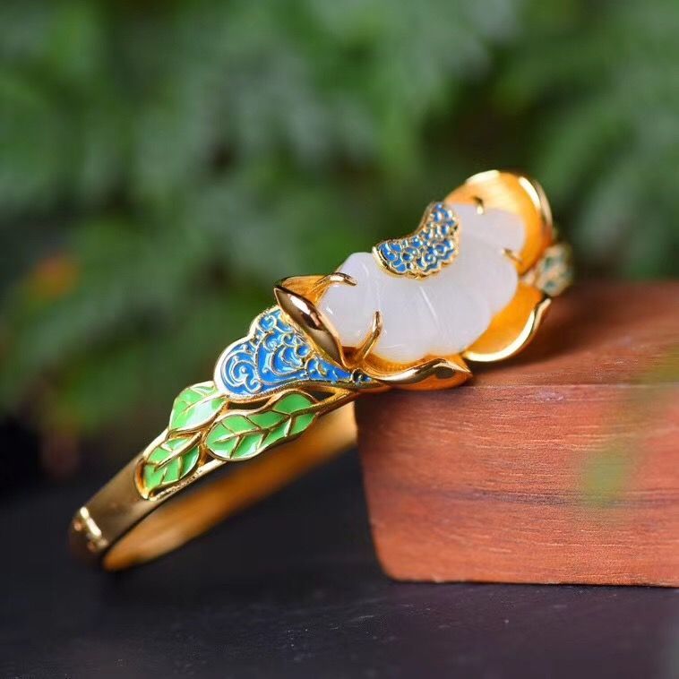 Enamel Porcelain Craftsmanship Inlaid Natural Fine White Jade Bracelet Vintage Style Ladies Silver Jewelry