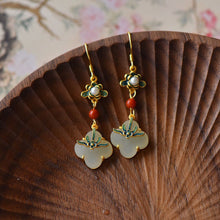 Load image into Gallery viewer, Enamel Porcelain Craftsmanship Natural Fine White Jade Clover Earrings Exquisite Graceful Ladies Silver Jewelry
