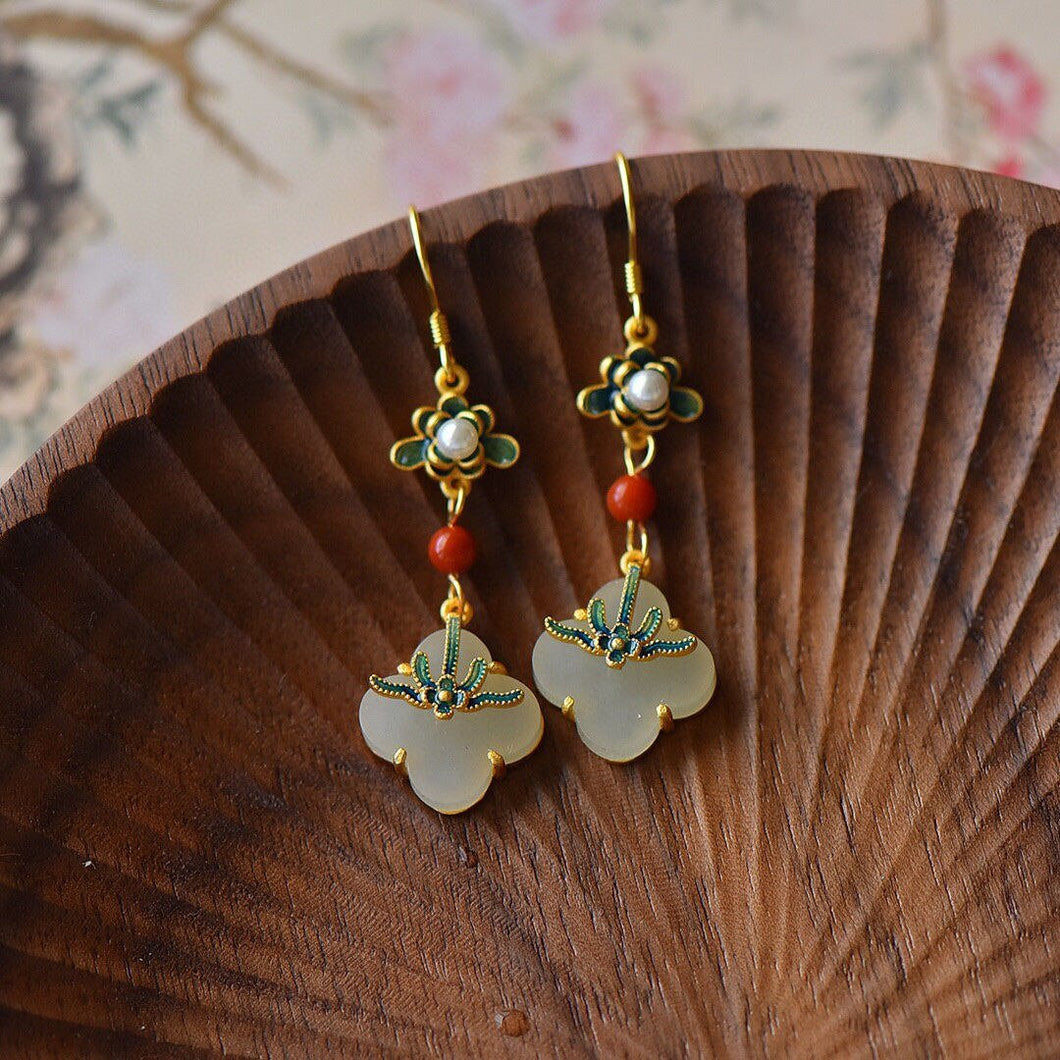 Enamel Porcelain Craftsmanship Natural Fine White Jade Clover Earrings Exquisite Graceful Ladies Silver Jewelry