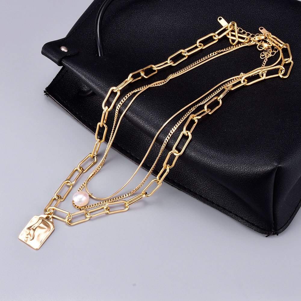 Designer Multilayer Human Face Pendant Necklace Pearl Titanium Steel Plating 18K Gold Clavicle Chain