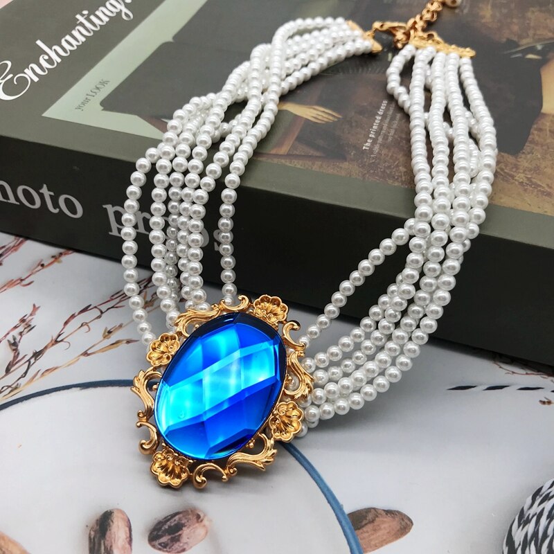 Handmade Multi Strands Pearl Beaded Faceted Blue Crystal Pendant Necklace