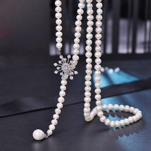 Load image into Gallery viewer, Natural White Freshwater Pearl Beaded Blossom Pendant Long Necklace for Ladies
