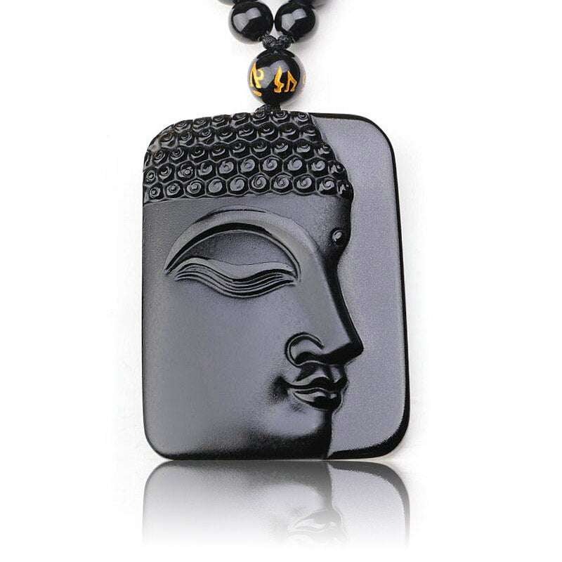 Handcrafted Natural Black Obsidian Buddha Sakyamuni Pendant Necklace