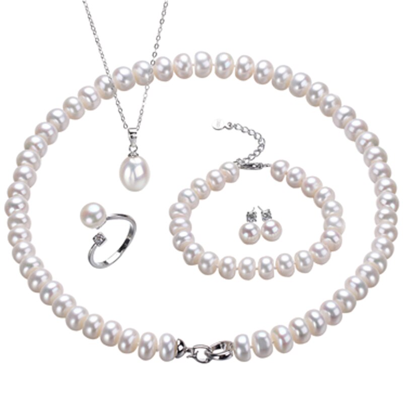 5Pcs/Set Luxury Natural Freshwater Pearl Necklace Bracelet Earrings Ring Set For Ladies