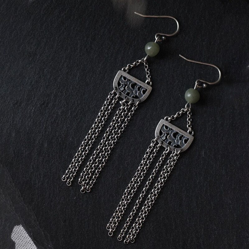 Independent Design Retro Style Long Tassel Round Bead Chalcedony Earrings Ladies Silver Jewelry