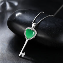 Load image into Gallery viewer, Lokaloca Natural Green Chalcedony Jade Love Key Pendant 925 Silver Jewelry Necklace
