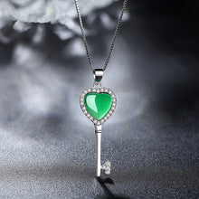 Load image into Gallery viewer, Lokaloca Natural Green Chalcedony Jade Love Key Pendant 925 Silver Jewelry Necklace
