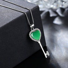 Load image into Gallery viewer, Lokaloca Natural Green Chalcedony Jade Love Key Pendant 925 Silver Jewelry Necklace
