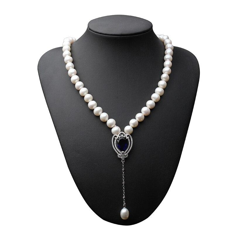 Luxury Natural Big Size Freshwater Pearl Sapphire Crystal Pendant Necklace for Ladies