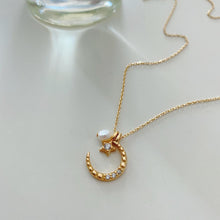 Load image into Gallery viewer, Starlight 18K Gold Plated S925 Sterling Silver Natural Pearl Star Crescent Moon Pendant Necklace
