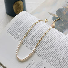 Load image into Gallery viewer, Half Chain Half Pearl Beaded Titanium Steel Natural Pearl Choker Necklace
