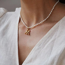 Load image into Gallery viewer, Alphabet A-Z Pendant 18K Gold Plated Titanium Steel Natural Pearl Beaded Choker Necklace
