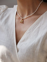 Load image into Gallery viewer, Alphabet A-Z Pendant 18K Gold Plated Titanium Steel Natural Pearl Beaded Choker Necklace
