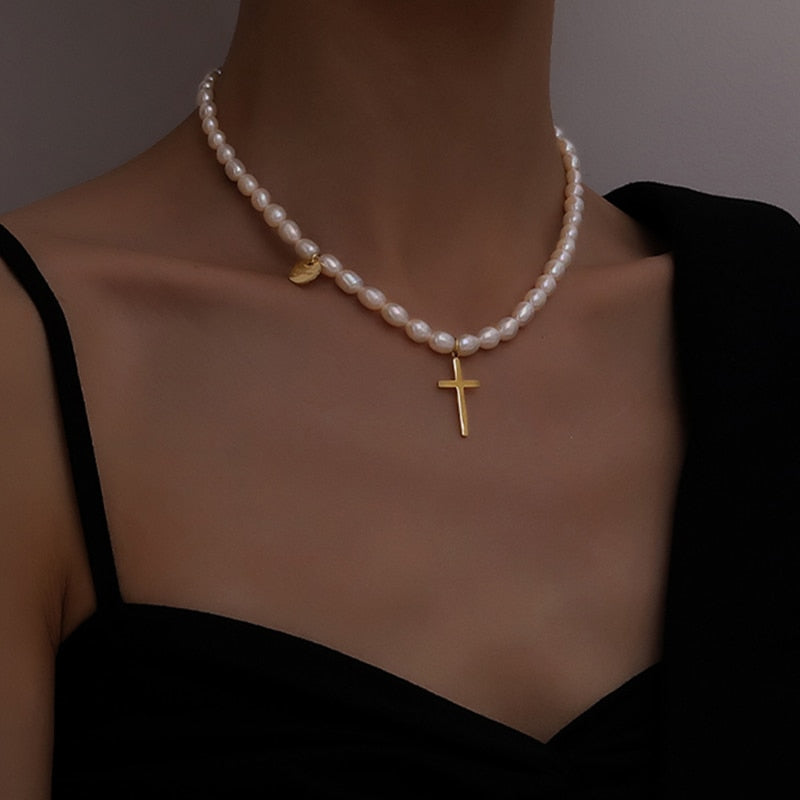 Serenity 18K Gold Plated Natural Pearl Beaded Cross Pendant Choker Necklace