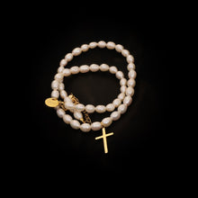 Load image into Gallery viewer, Serenity 18K Gold Plated Natural Pearl Beaded Cross Pendant Choker Necklace
