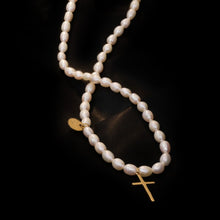 Load image into Gallery viewer, Serenity 18K Gold Plated Natural Pearl Beaded Cross Pendant Choker Necklace
