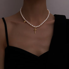 Load image into Gallery viewer, Serenity 18K Gold Plated Natural Pearl Beaded Cross Pendant Choker Necklace
