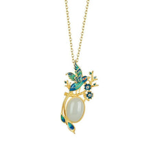 Load image into Gallery viewer, Gilt Inlaid Natural Fine White Jade Oval Pendant Necklace Enamel Porcelain Vintage Style Exquisite Ladies Jewelry
