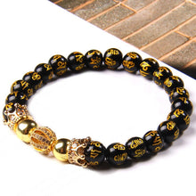 Load image into Gallery viewer, Natural Black Obsidian Tibetan Mantra Beaded Crown Charm Bracelet
