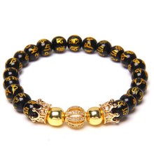 Load image into Gallery viewer, Natural Black Obsidian Tibetan Mantra Beaded Crown Charm Bracelet
