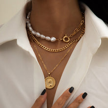 Load image into Gallery viewer, Deigner Gothic Multi Layer Cuban Link Pearl Beaded Chain Coin Queen Pendant Chain Necklace
