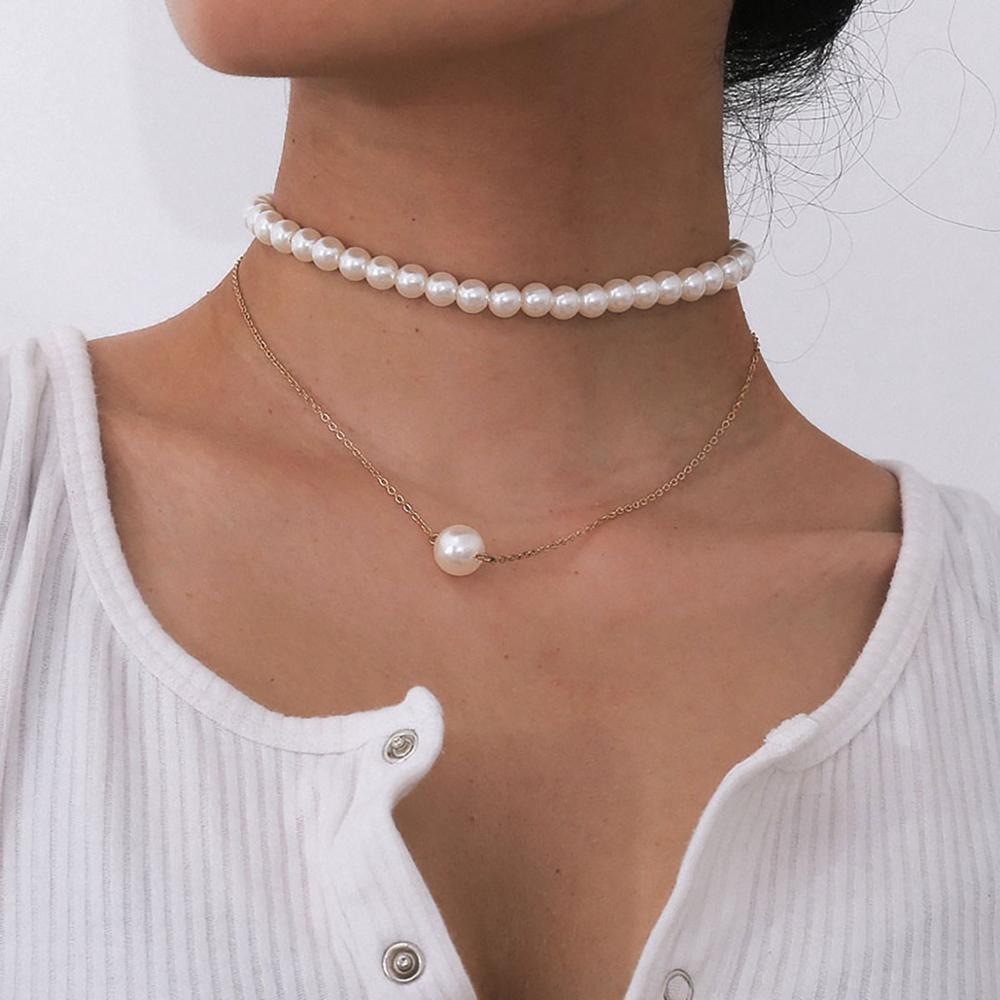 Double Layer Minimalist Pearl Beaded Pendant Choker Necklace for Women