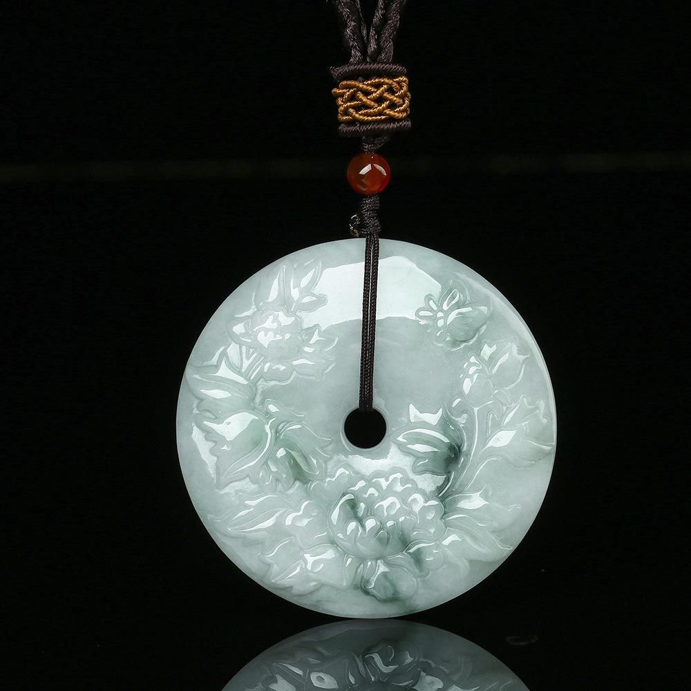 Lokaloca Handcrafted Burma Jade Flower Carved Donut Pendant Necklace