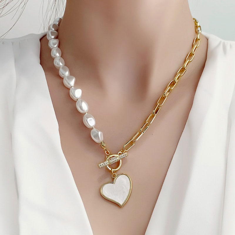 Half Chain Half Pearl Cuban Link Enamel Heart Pendant Necklace