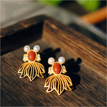 Load image into Gallery viewer, Silver Inlaid Natural Southern Red Agate Golden Fish Earrings Vintage Style Retro Elegant Luxury Women&#39;s Jewelry
