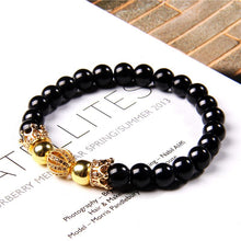 Load image into Gallery viewer, Natural Black Obsidian Tibetan Mantra Beaded Crown Charm Bracelet
