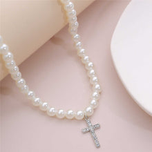 Load image into Gallery viewer, Minimalist Pearl Beaded Chain Cross Pendant Choker Necklace
